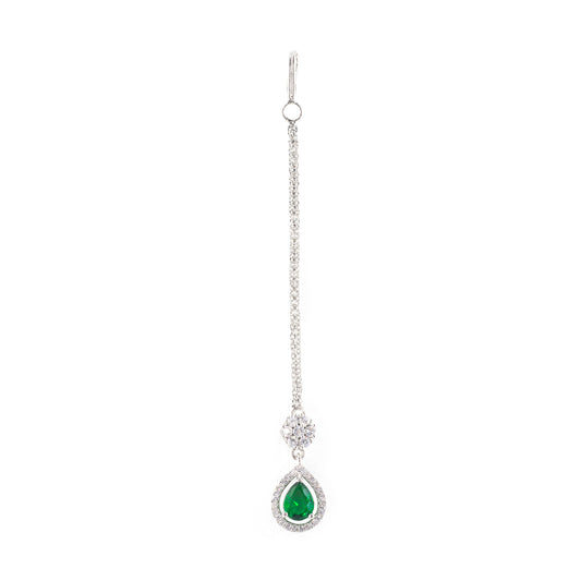 Rhodium Plated Green AD Teardrop Maang Tikka for Women