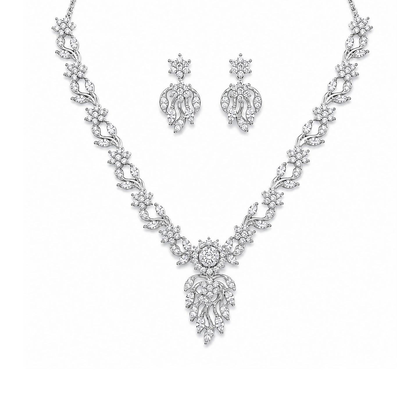 Silver Plated AD Floral Jewellery Set for Women