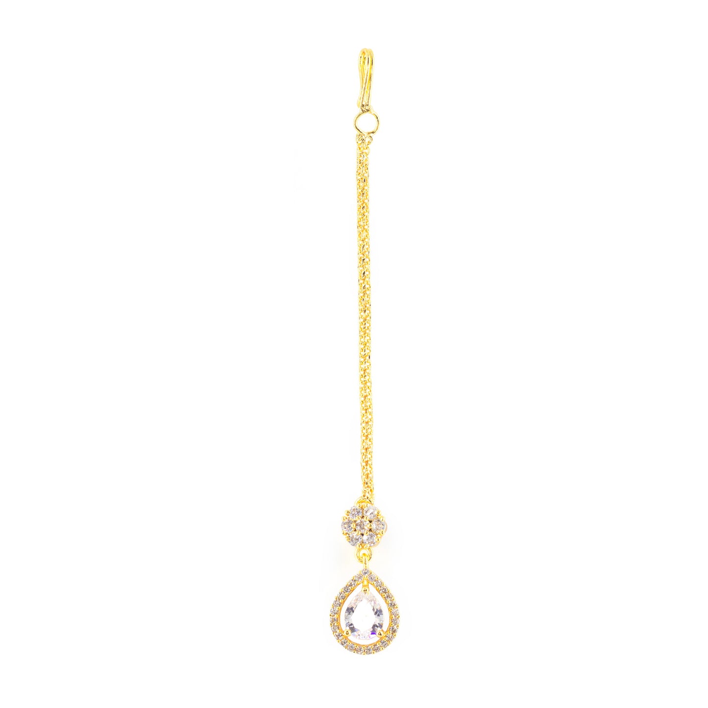 Gold Plated White AD Teardrop Maang Tikka for Women