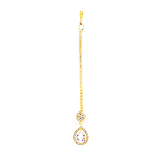 Gold Plated White AD Teardrop Maang Tikka for Women