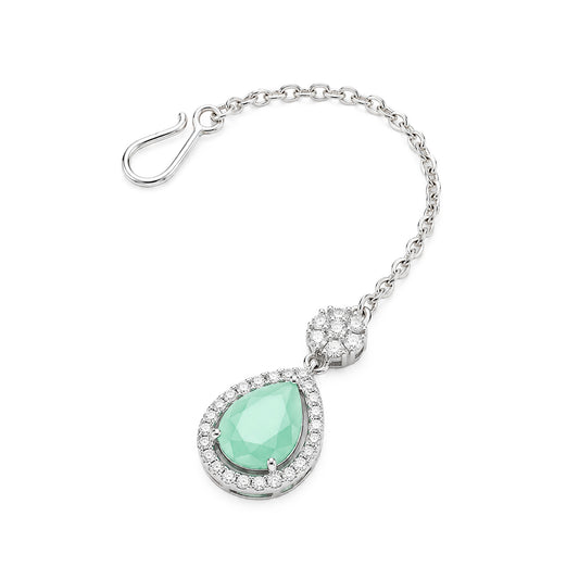 Silver Plated Green AD Maang Tikka for Women