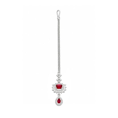 Silver Plated Red AD Maang Tikka for Women