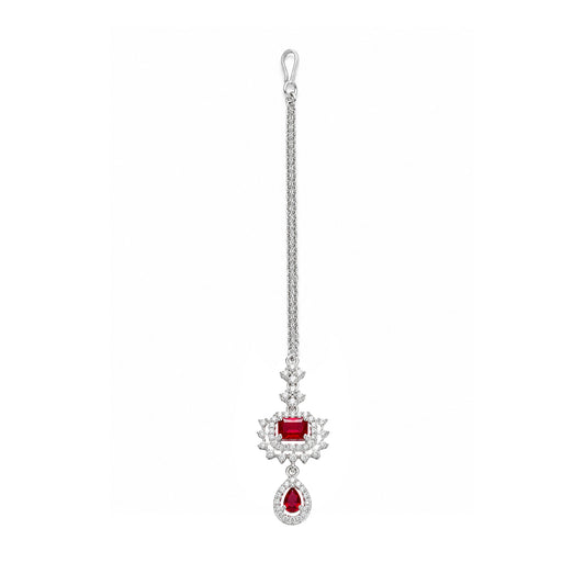 Silver Plated Red AD Maang Tikka for Women