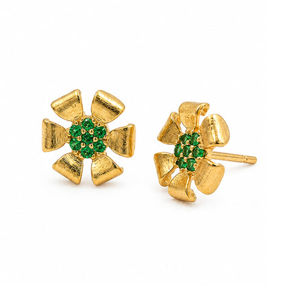 Gold Plated Green AD Floral Stud Earrings for Women