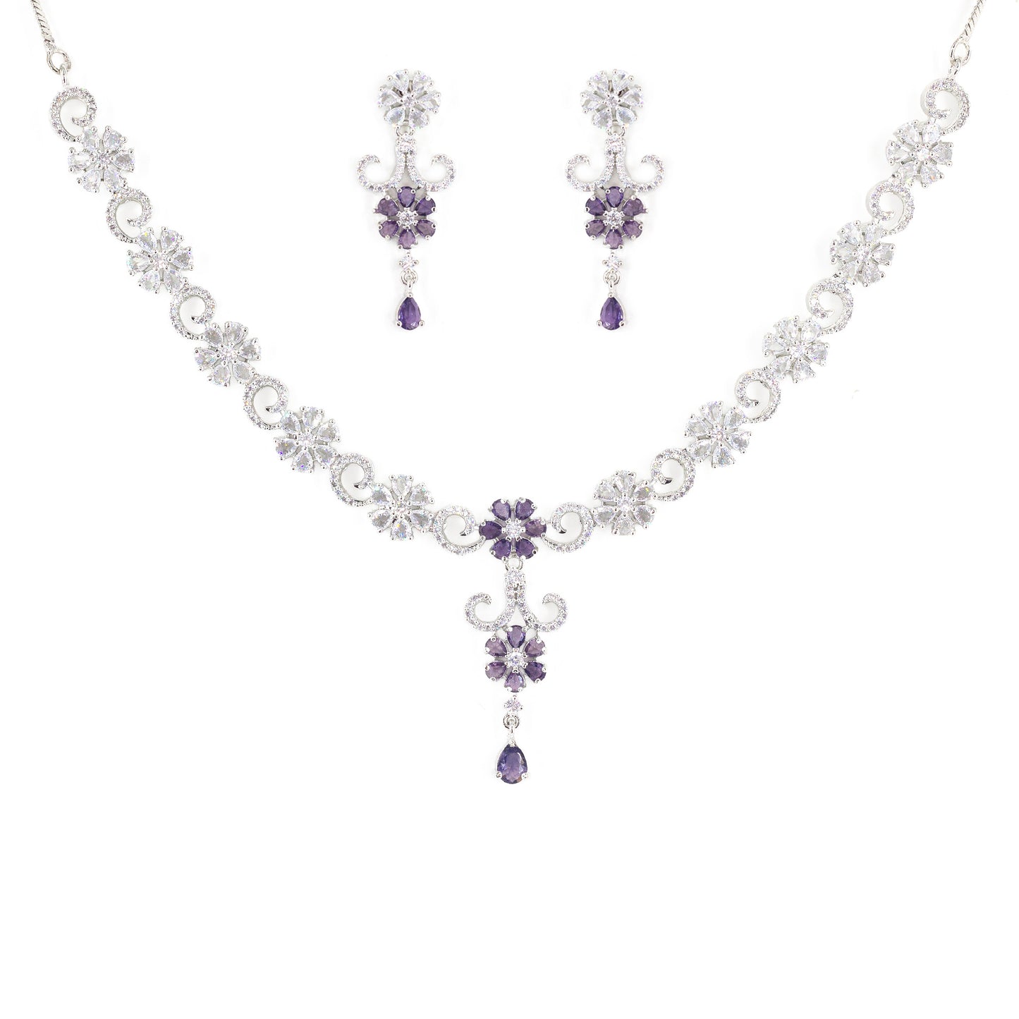 Silver Plated White & Purple AD Studded Jewellery Set for Women