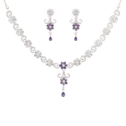 Silver Plated White & Purple AD Studded Jewellery Set for Women