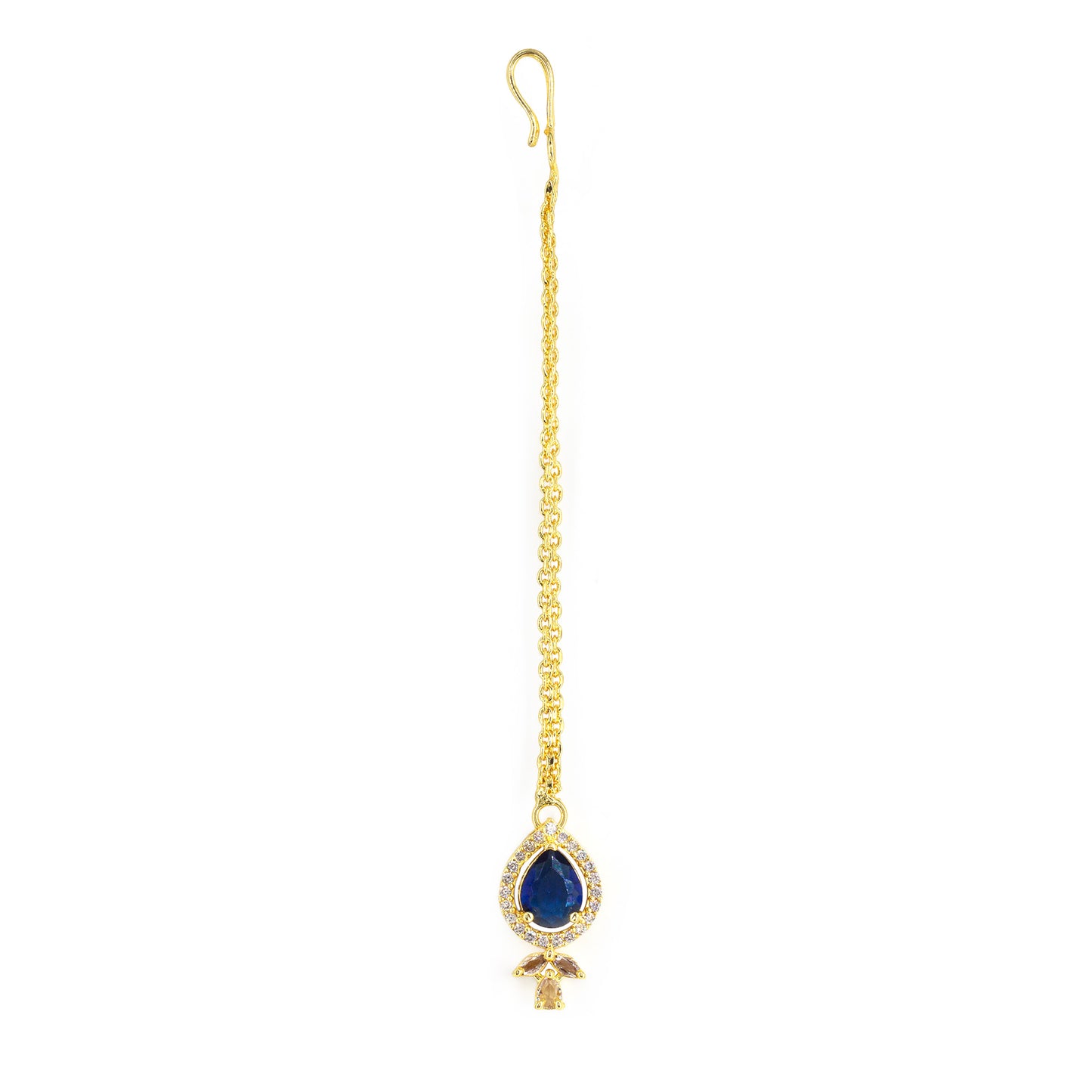 Gold Plated Blue American Diamond Maang Tikka for Women