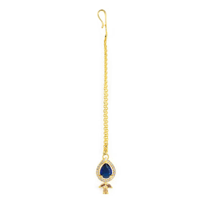 Gold Plated Blue American Diamond Maang Tikka for Women