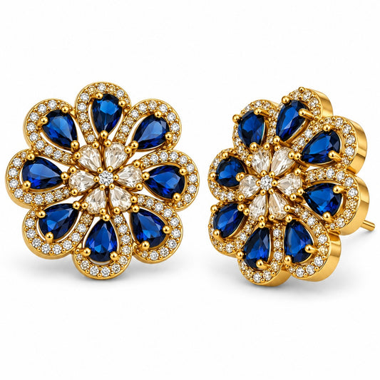 South Indian Gold Plated Blue AD Floral Stud Earrings for Women