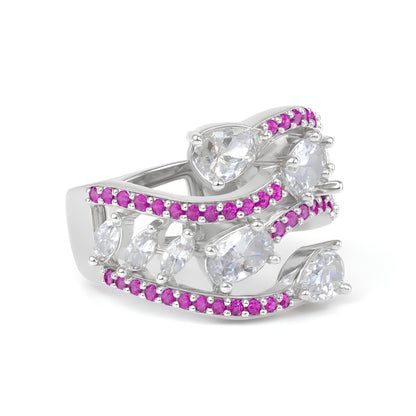 Silver Pink Stone Premium AD Ring – Stylish Multi-Line Design Adjustable Finger Ring