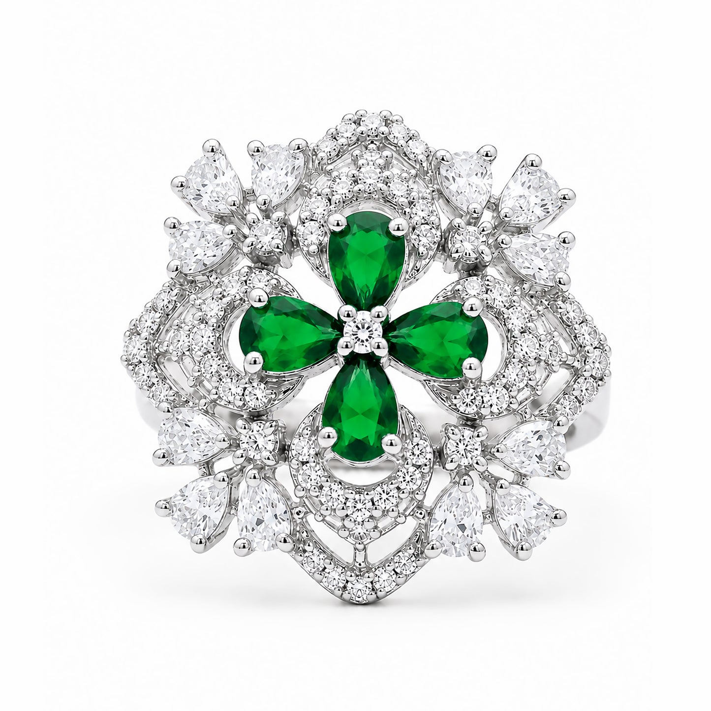 Rhodium Plated Green AD Floral Finger Ring for Women