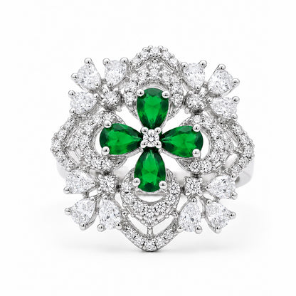 Rhodium Plated Green AD Floral Finger Ring for Women