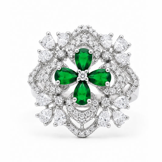 Rhodium Plated Green AD Floral Finger Ring for Women