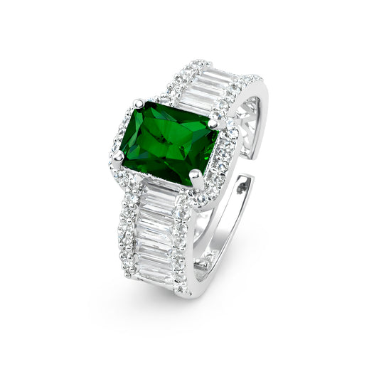 Silver Plated Green American Diamond Adjustable Ring for Women