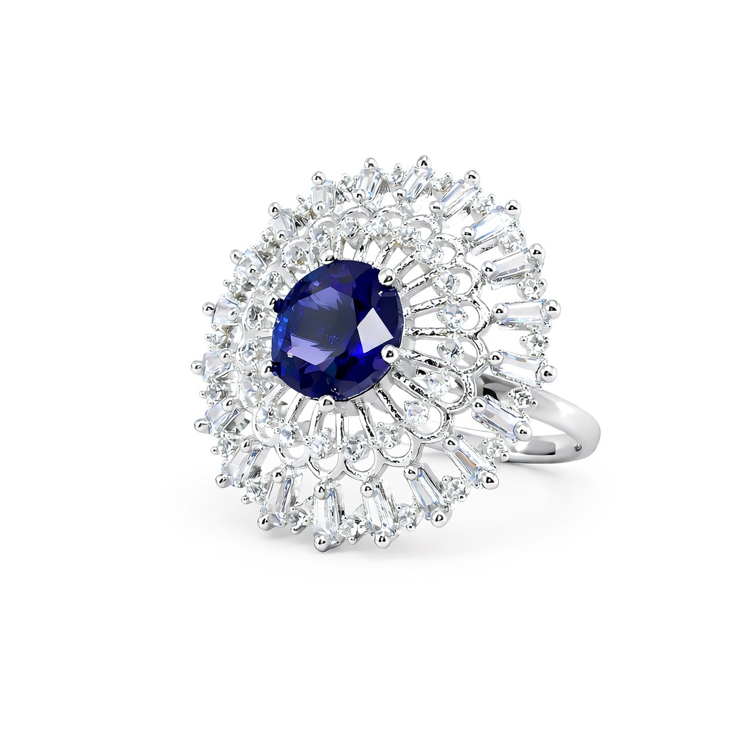 Rhodium Plated Blue AD Designer Adjustable Ring for Women