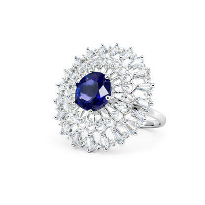 Rhodium Plated Blue AD Designer Adjustable Ring for Women