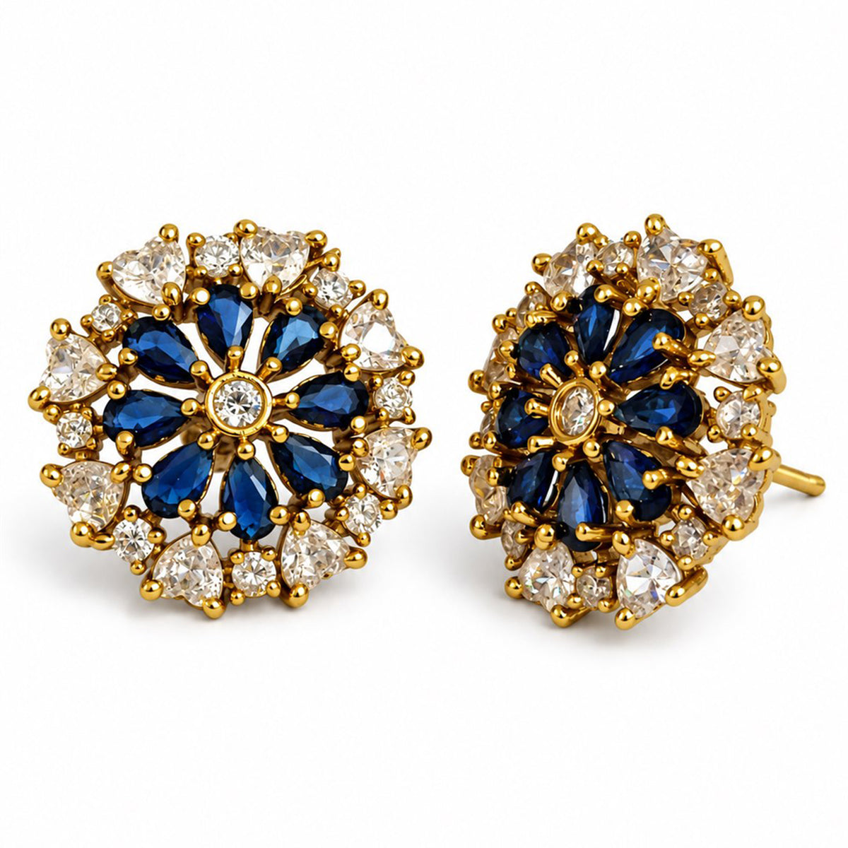 South Indian Gold Plated Blue AD Floral Stud Earrings for Women