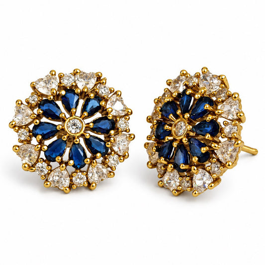 South Indian Gold Plated Blue AD Floral Stud Earrings for Women