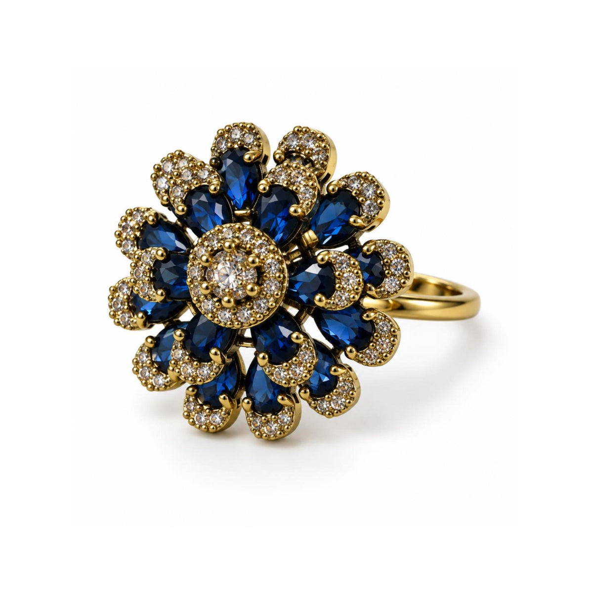 Antique Gold Plated Blue AD Floral Finger Ring for Women