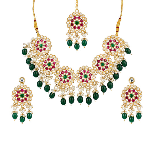 Gold-Plated Kundan Studded & Beaded Statement Jewellery Set