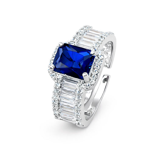 Silver Plated Blue American Diamond Adjustable Ring for Women