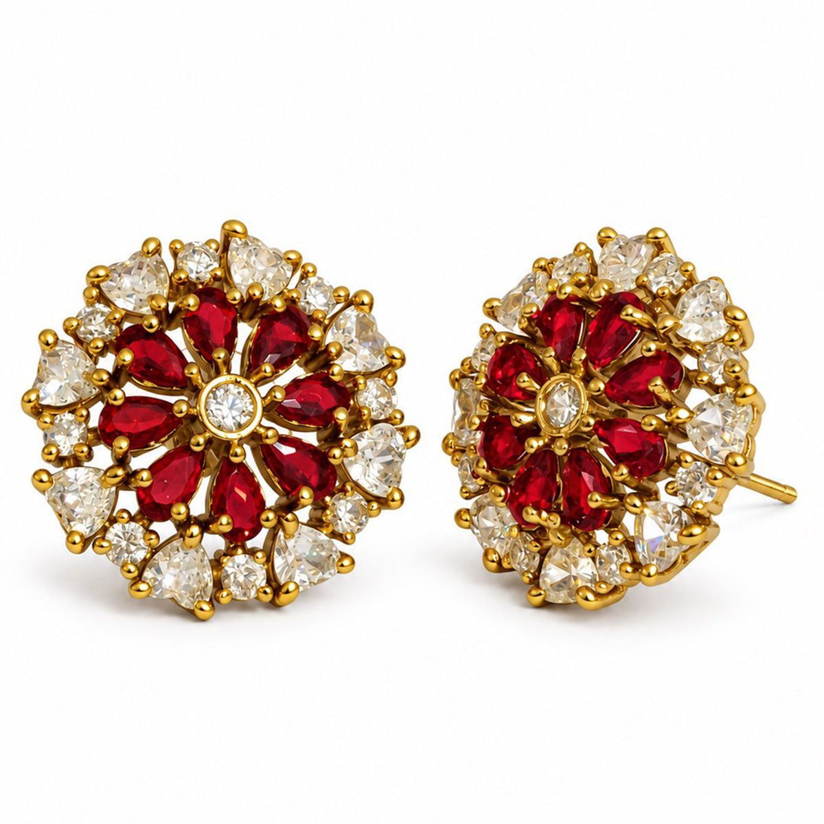 South Indian Gold Plated Red AD Floral Stud Earrings for Women