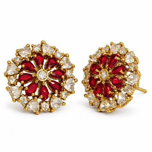 South Indian Gold Plated Red AD Floral Stud Earrings for Women