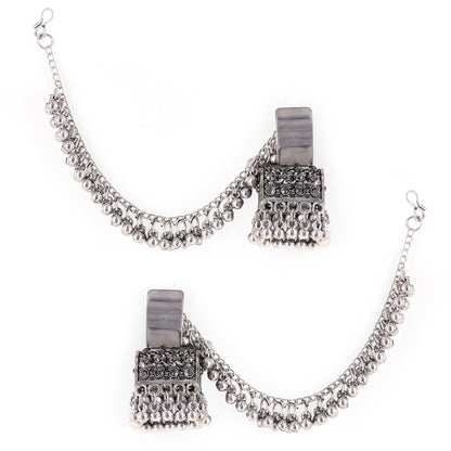 Silver Oxidised Jhumka Earring with Chain for Women