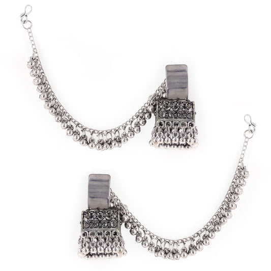 Silver Oxidised Jhumka Earring with Chain for Women