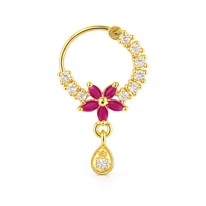 Gold Plated Red AD Floral Drop Nose Ring for Women