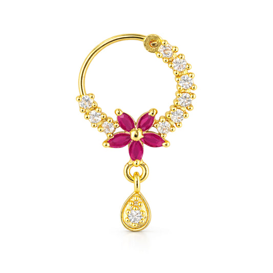 Gold Plated Red AD Floral Drop Nose Ring for Women