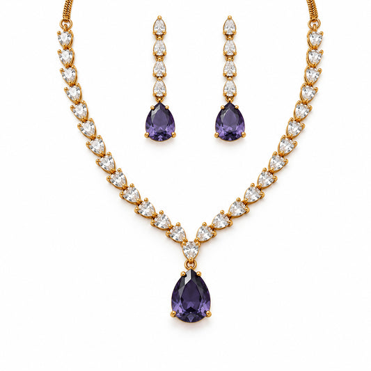 South Indian Gold Plated Purple AD Teardrop Jewellery Set for Women