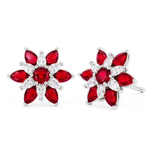 Rhodium Plated Red AD Floral Stud Earrings for Women