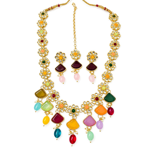 Gold Plated Artificial Stones and Beads Jewellery Set With Maangtika