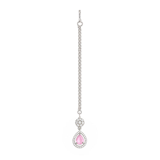 Silver Plated Pink AD Maang Tikka for Women
