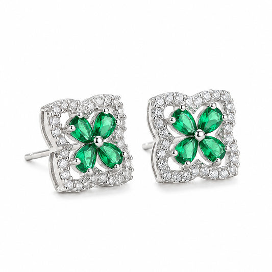 Rhodium Plated Green AD Stud Earrings for Women
