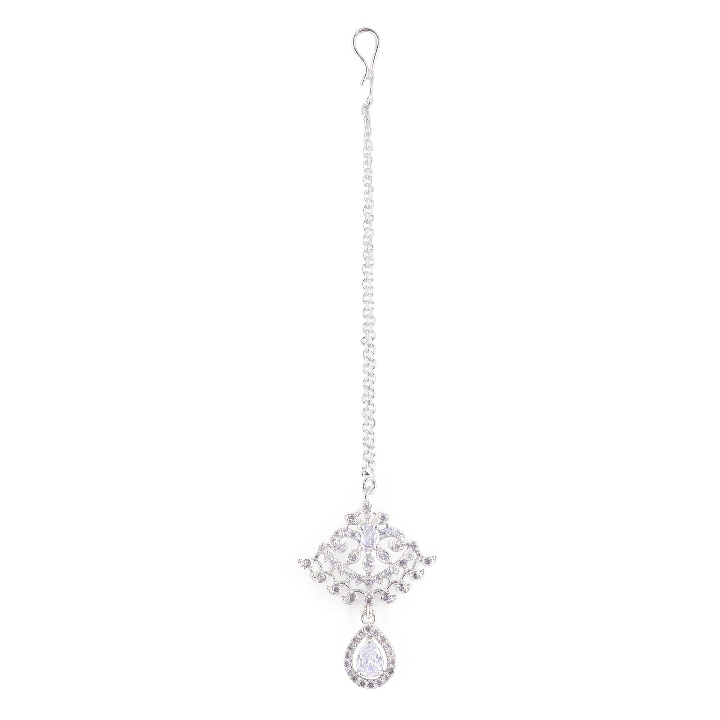Silver Plated White AD Maang Tikka for Women