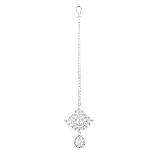 Silver Plated White AD Maang Tikka for Women