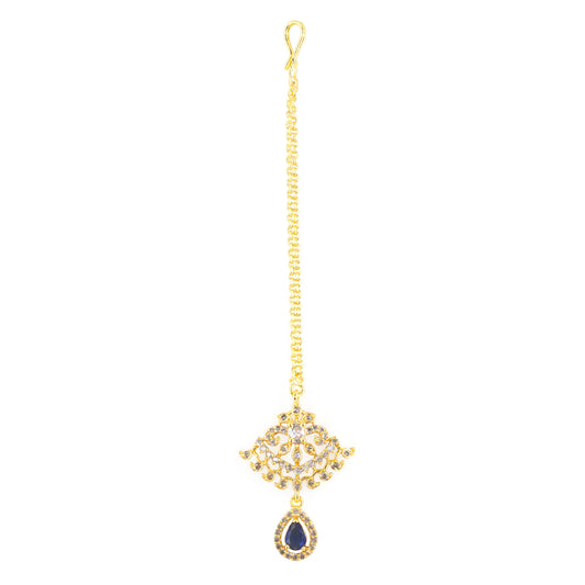 Gold Plated Blue AD Maang Tikka for Women