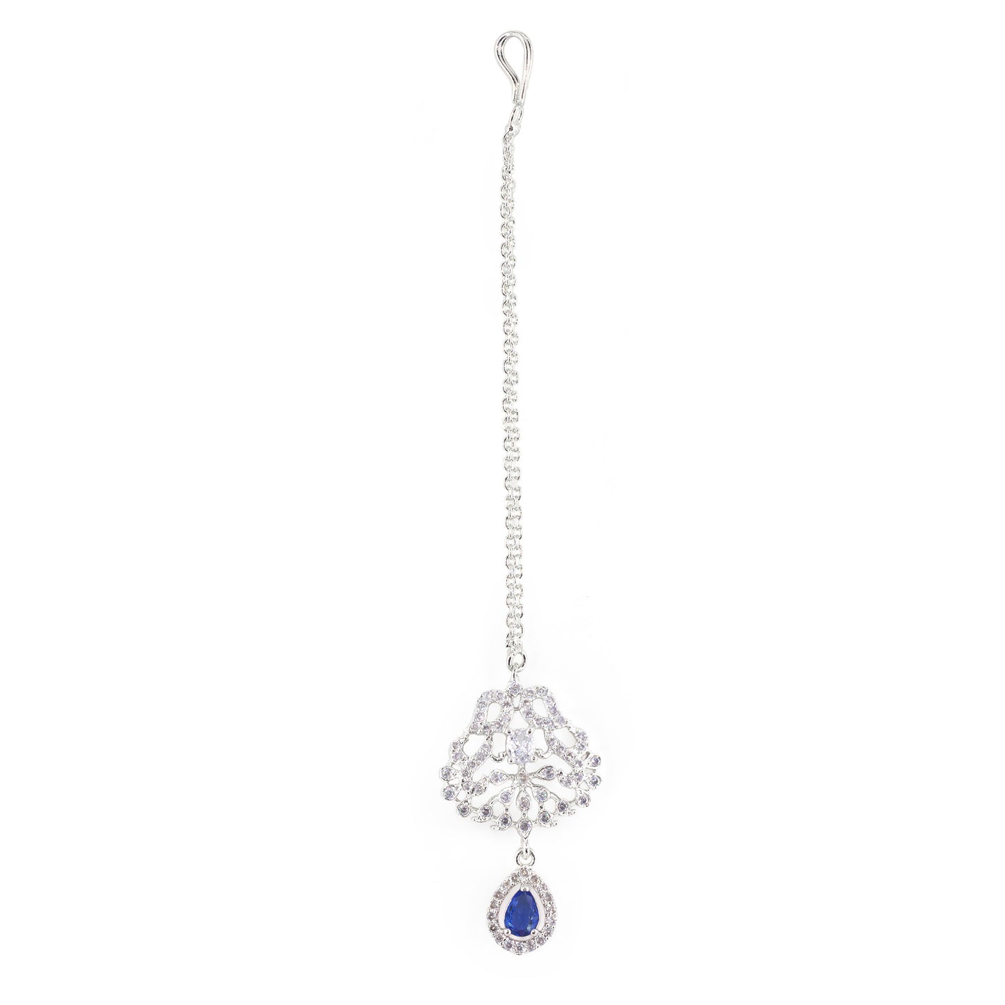 Rhodium Plated Blue AD Maang Tikka for Women