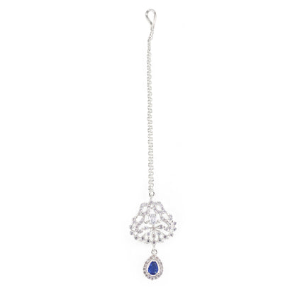 Rhodium Plated Blue AD Maang Tikka for Women