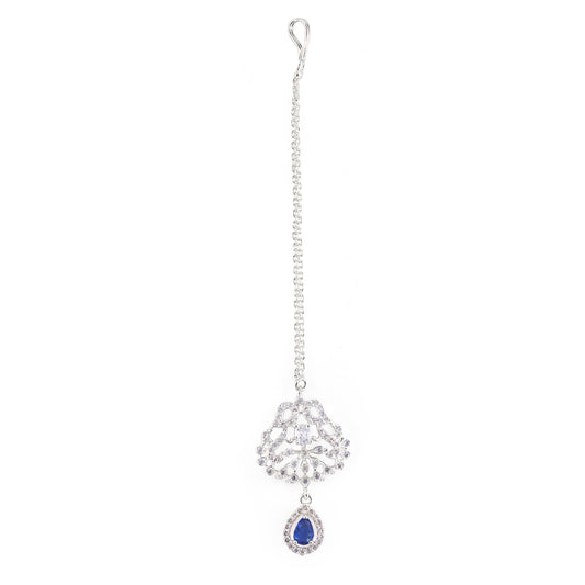 Rhodium Plated Blue AD Maang Tikka for Women