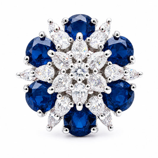 Rhodium Plated Blue AD Finger Ring for Women