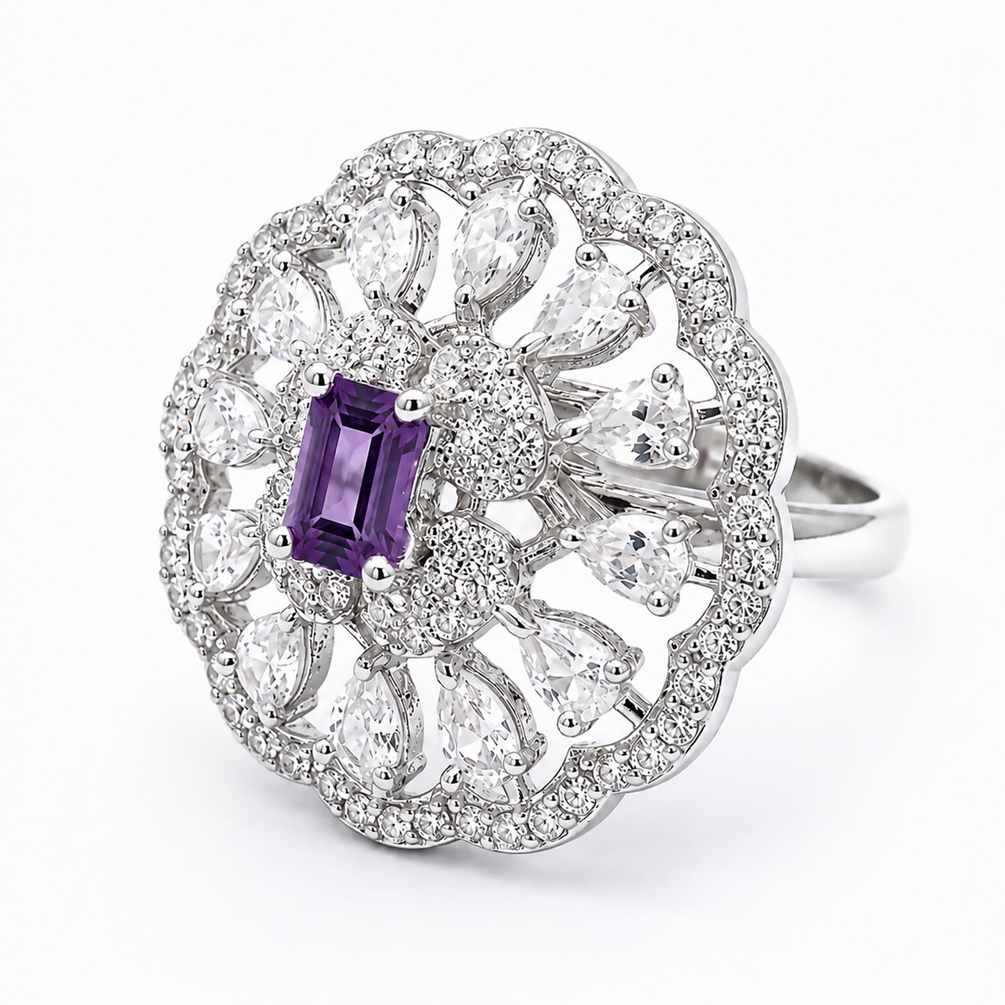 Rhodium Plated Purple AD Finger Ring for Women