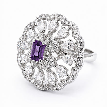 Rhodium Plated Purple AD Finger Ring for Women
