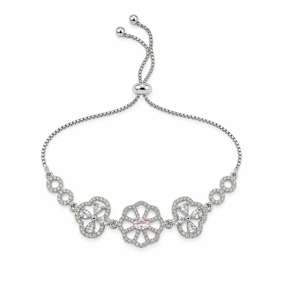 Rhodium Plated Pink AD Adjustable Bracelet for Women