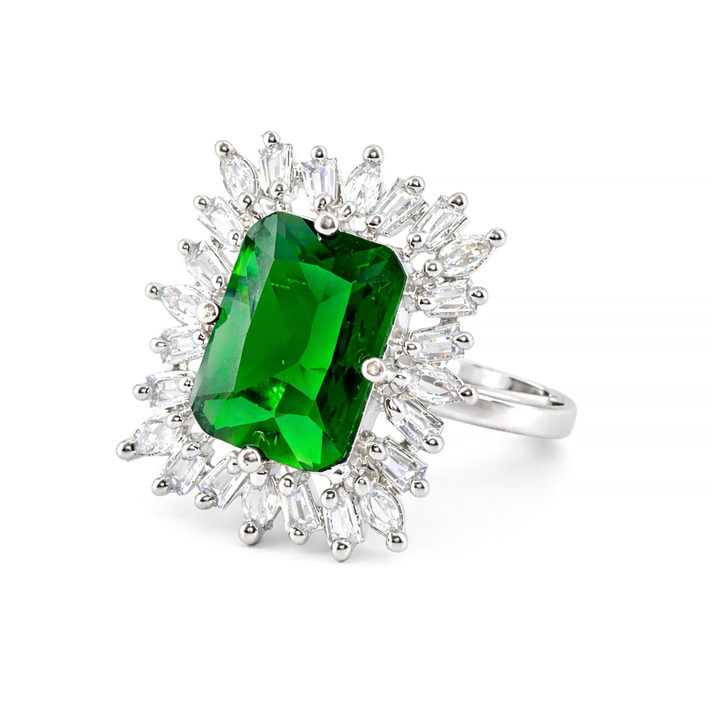 Rhodium Plated Green AD Adjustable Ring for Women