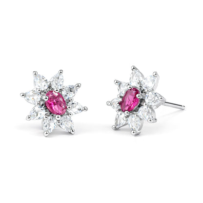Rhodium Plated Red AD Floral Studs for Women