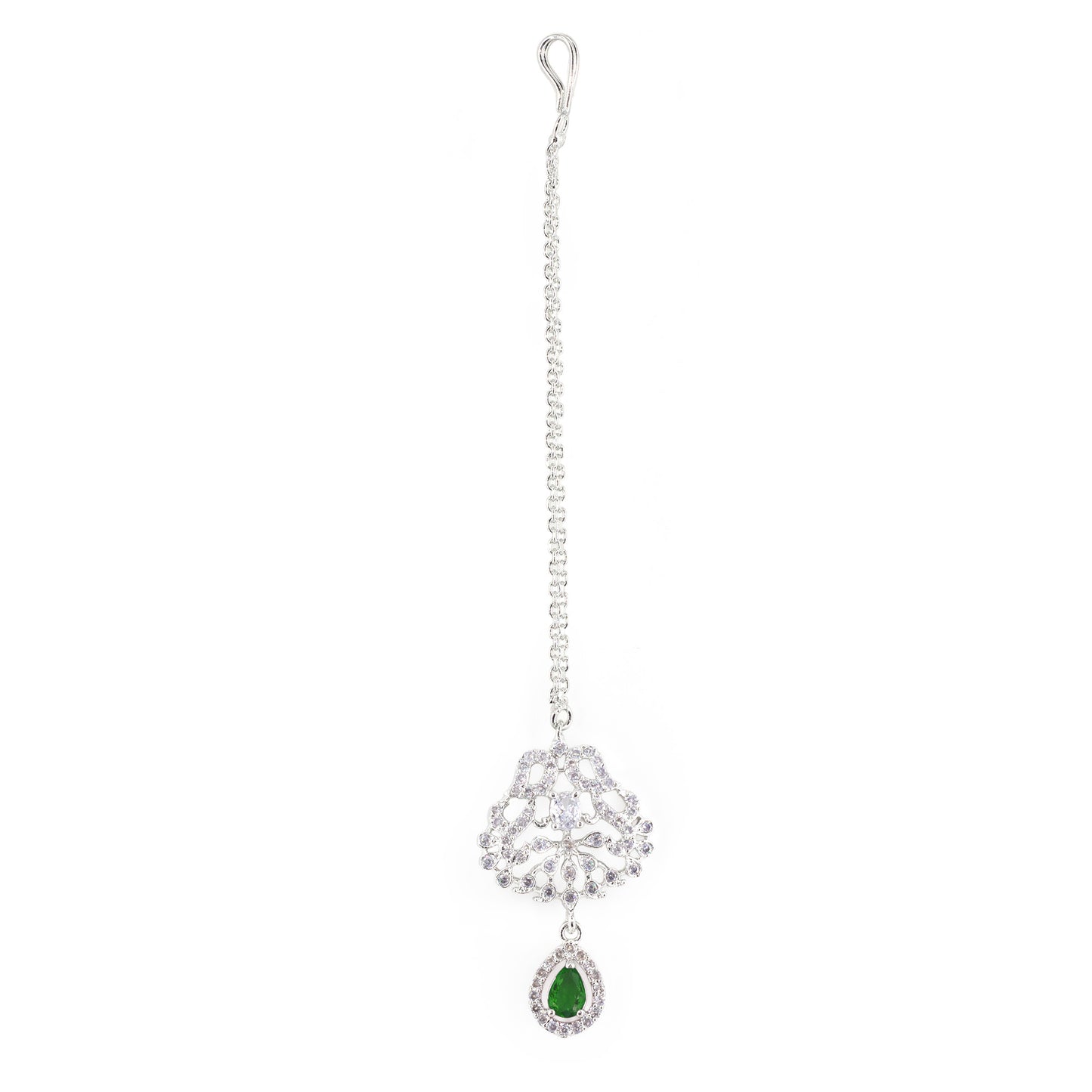 Silver Plated Green AD Maang Tikka for Women
