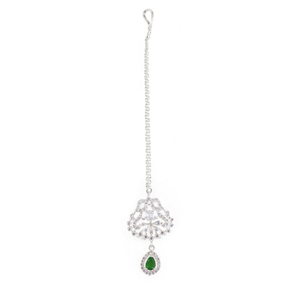 Silver Plated Green AD Maang Tikka for Women
